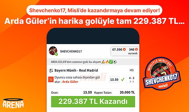 Shevchenko17, Misli'de kazandırmaya devam ediyor! Arda Güler'in harika golüyle tam 229.387 TL…
